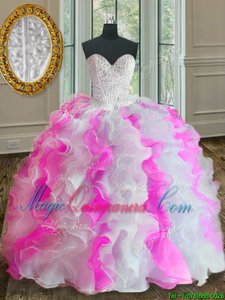 Glorious Beading and Ruffles 15th Birthday Dress Pink And White Lace Up Sleeveless Floor Length