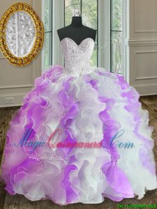 Cheap White And Purple Sleeveless Floor Length Beading and Ruffles Lace Up Quinceanera Gowns