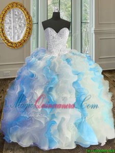 Floor Length Blue And White Sweet 16 Quinceanera Dress Organza Sleeveless Beading and Ruffles