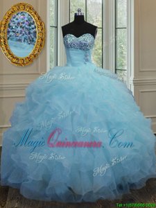 Chic Baby Blue Lace Up Quince Ball Gowns Beading and Ruffles Sleeveless Floor Length