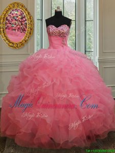 Smart Rose Pink Sweet 16 Quinceanera Dress Military Ball and Sweet 16 and Quinceanera and For with Beading and Ruffles Sweetheart Sleeveless Lace Up