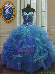 Superior Blue Quinceanera Gowns Military Ball and Sweet 16 and Quinceanera and For with Beading and Ruffles Sweetheart Sleeveless Lace Up