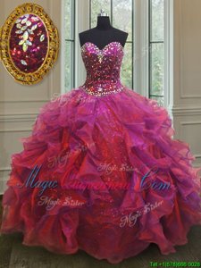 Sleeveless Floor Length Beading and Ruffles Lace Up Quinceanera Gown with Multi-color