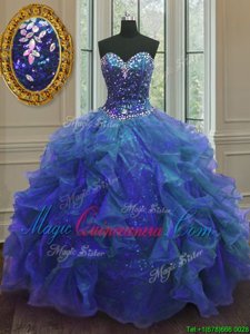 Sweetheart Sleeveless Lace Up Quinceanera Dresses Blue Organza and Sequined