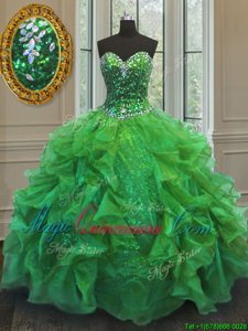 Low Price Ball Gowns Sweetheart Sleeveless Organza and Sequined Floor Length Lace Up Beading and Ruffles Ball Gown Prom Dress