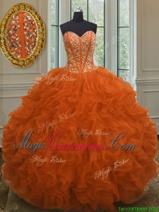 Sleeveless Organza Floor Length Lace Up Quinceanera Dresses in Orange Red for with Beading and Ruffles