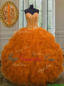 Sleeveless Floor Length Beading and Ruffles Lace Up Sweet 16 Dresses with Orange Red