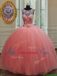 Low Price Scoop Floor Length Ball Gowns Sleeveless Watermelon Red Sweet 16 Dress Lace Up