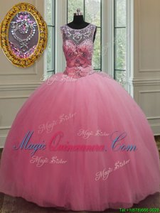 Ball Gowns Vestidos de Quinceanera Rose Pink Scoop Tulle Sleeveless Floor Length Lace Up