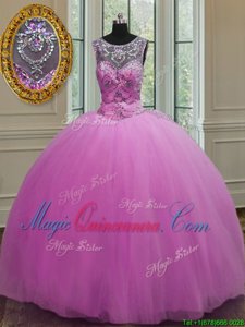 Admirable Scoop Lilac Tulle Lace Up Ball Gown Prom Dress Sleeveless Floor Length Beading