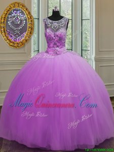 Tulle Halter Top Sleeveless Lace Up Beading Sweet 16 Dress in Purple