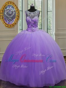 High Class Scoop Lavender Ball Gowns Beading 15 Quinceanera Dress Lace Up Tulle Sleeveless Floor Length