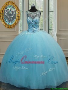 Sumptuous Scoop Sleeveless Tulle Floor Length Lace Up Sweet 16 Dresses in Baby Blue for with Beading