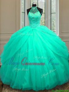 Shining Turquoise Ball Gowns Tulle Halter Top Sleeveless Beading and Sequins Floor Length Lace Up 15th Birthday Dress