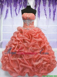 Floor Length Lace Up Quinceanera Gown Watermelon Red and Coral Red and In for Military Ball and Sweet 16 and Quinceanera and Beach with Beading