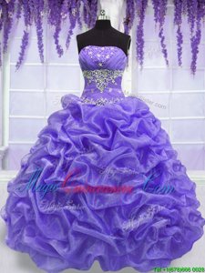 Customized Strapless Sleeveless 15 Quinceanera Dress Floor Length Beading Lavender Organza