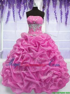 Organza Strapless Sleeveless Lace Up Beading Sweet 16 Dresses in Rose Pink