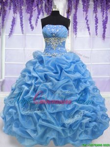 Great Blue Ball Gowns Strapless Sleeveless Organza Floor Length Lace Up Beading Sweet 16 Dresses