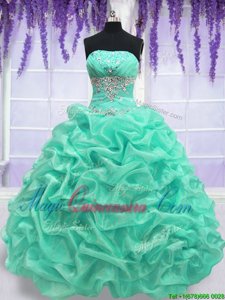 Turquoise Strapless Neckline Beading 15th Birthday Dress Sleeveless Lace Up