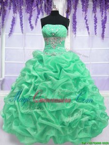Apple Green Ball Gowns Organza Strapless Sleeveless Beading Floor Length Lace Up Quinceanera Dresses