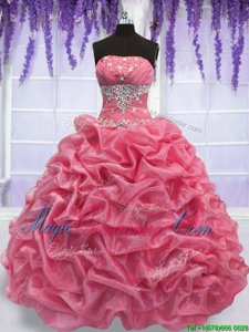 Decent Strapless Sleeveless Lace Up Quinceanera Dress Rose Pink Organza