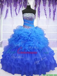Blue Sleeveless Beading and Ruffled Layers and Pick Ups Floor Length Quinceanera Dresses