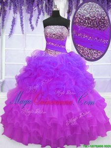 New Arrival Floor Length Purple 15th Birthday Dress Organza Sleeveless Beading and Ruffled Layers and Pick Ups