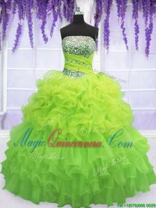 Pick Ups Ruffled Yellow Green Sleeveless Organza Lace Up Quinceanera Gowns for Military Ball and Sweet 16 and Quinceanera