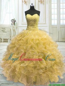 Sleeveless Organza Floor Length Lace Up 15th Birthday Dress in Light Yellow for with Beading and Ruffles