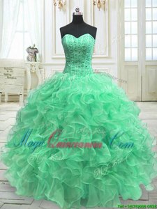 High Class Floor Length Lace Up Sweet 16 Quinceanera Dress Green and In for Military Ball and Sweet 16 and Quinceanera with Beading and Ruffles