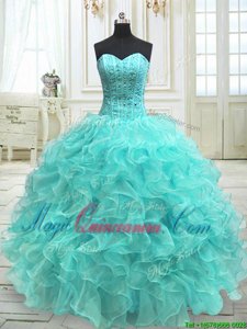 Beauteous Aqua Blue Ball Gowns Organza Sweetheart Sleeveless Beading and Ruffles Floor Length Lace Up Quinceanera Dresses