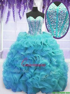 Aqua Blue Sweetheart Lace Up Beading and Ruffles Quinceanera Gown Sweep Train Sleeveless