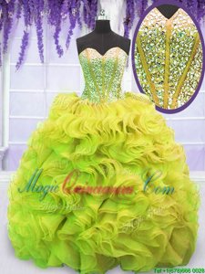 Luxury Yellow Green Ball Gowns Beading and Ruffles Sweet 16 Dress Lace Up Organza Sleeveless