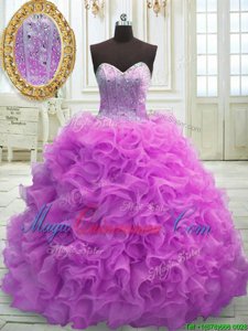 Custom Designed Sweetheart Sleeveless Vestidos de Quinceanera Sweep Train Beading and Ruffles Lilac Organza