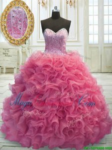 Flare Rose Pink Organza Lace Up 15 Quinceanera Dress Sleeveless Mini Length Sweep Train Beading and Ruffles