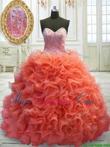 Coral Red Quince Ball Gowns Organza Sweep Train Sleeveless Beading and Ruffles