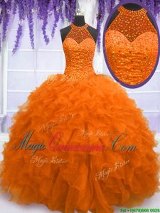 Unique Orange Red Ball Gowns Beading and Ruffles 15th Birthday Dress Lace Up Organza Sleeveless Floor Length