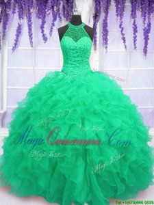 Sophisticated Sleeveless Floor Length Beading and Ruffles Lace Up Ball Gown Prom Dress with Turquoise