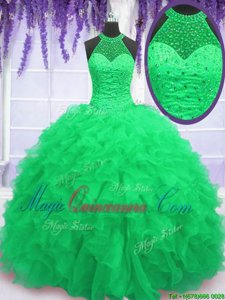 Fine Organza Lace Up High-neck Sleeveless Floor Length Sweet 16 Dresses Beading and Ruffles