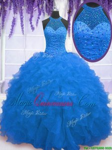 High-neck Sleeveless Organza Vestidos de Quinceanera Beading and Ruffles Zipper