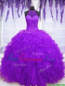 Hot Selling Purple Ball Gowns Beading and Ruffles Quinceanera Gown Lace Up Organza Sleeveless Floor Length
