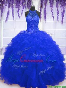 Glittering Royal Blue Organza Lace Up High-neck Sleeveless Floor Length Sweet 16 Quinceanera Dress Beading and Ruffles and Sequins