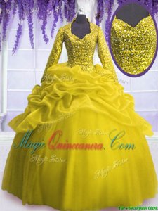 Modern Yellow 15th Birthday Dress Military Ball and Sweet 16 and Quinceanera and For with Sequins and Pick Ups V-neck Long Sleeves Zipper