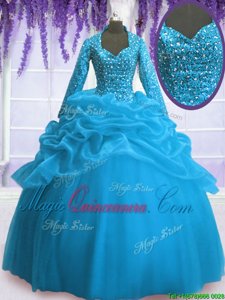 Pretty Baby Blue Ball Gowns Sequins and Pick Ups 15th Birthday Dress Zipper Organza Long Sleeves Floor Length