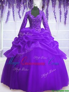 Custom Design Purple Organza Zipper Quinceanera Dresses Long Sleeves Floor Length Sequins and Pick Ups