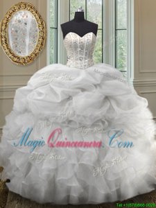 Sleeveless Floor Length Beading and Ruffles and Pick Ups Lace Up 15th Birthday Dress with White