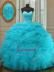 Glorious Aqua Blue Ball Gowns Sweetheart Sleeveless Organza Floor Length Lace Up Beading and Ruffles and Pick Ups Quinceanera Gown