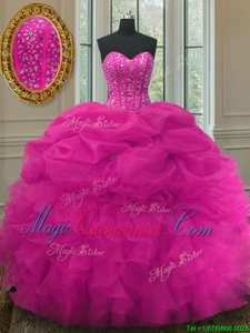 Fuchsia Sweetheart Lace Up Beading and Ruffles and Pick Ups 15th Birthday Dress Sleeveless