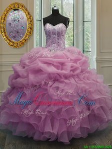 Baby Pink Ball Gowns Sweetheart Sleeveless Organza Floor Length Lace Up Beading and Pick Ups Sweet 16 Quinceanera Dress