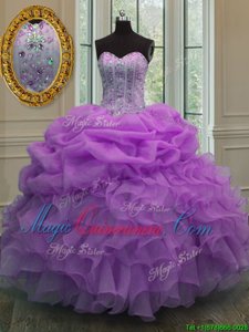 Dynamic Sleeveless Floor Length Beading and Pick Ups Lace Up Ball Gown Prom Dress with Lilac